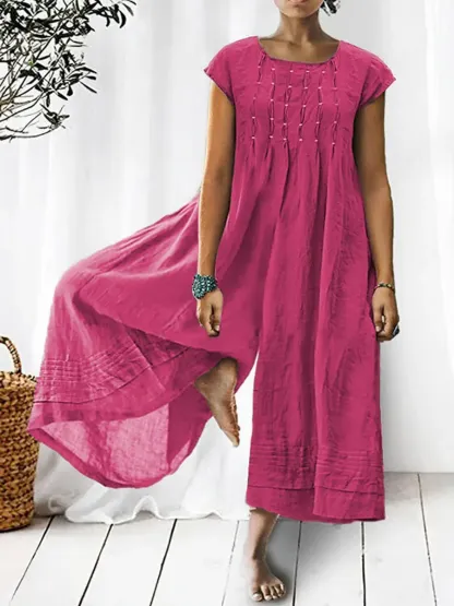 💝💝Women's Solid Color Art Casual Short Sleeve Cotton Linen Jumpsuit