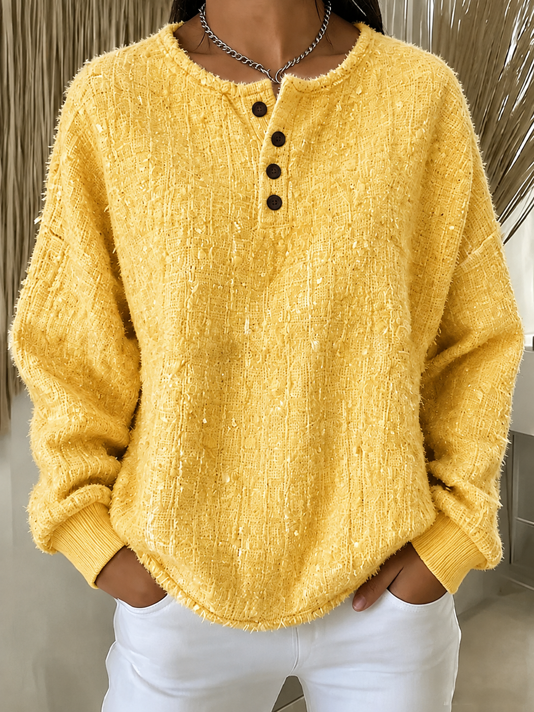 New Arrivals🔥Women Plain Henley Collar Casual Spring/Fall Long Sleeve Sweatshirt