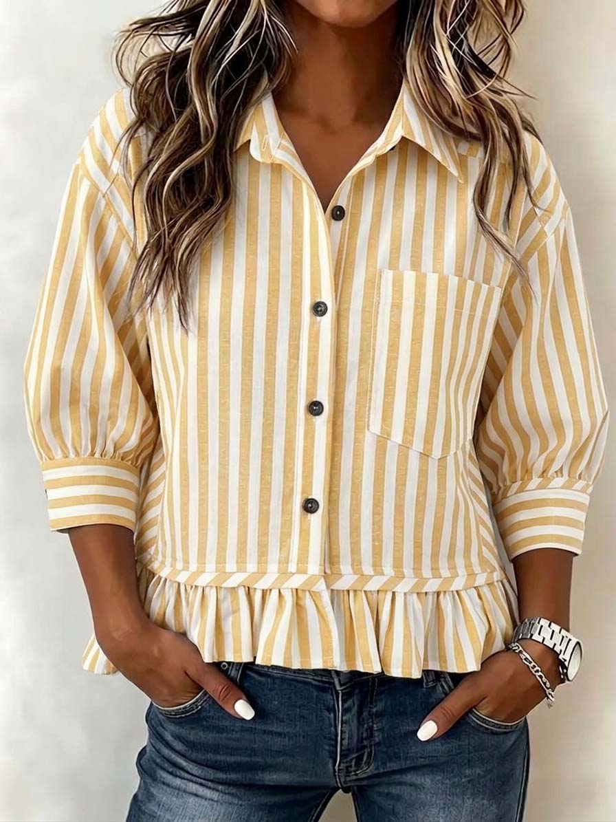 Women’s Casual Striped Button-Up Blouse Loose Fit 3/4 Sleeve Ruffled Hem Shirt