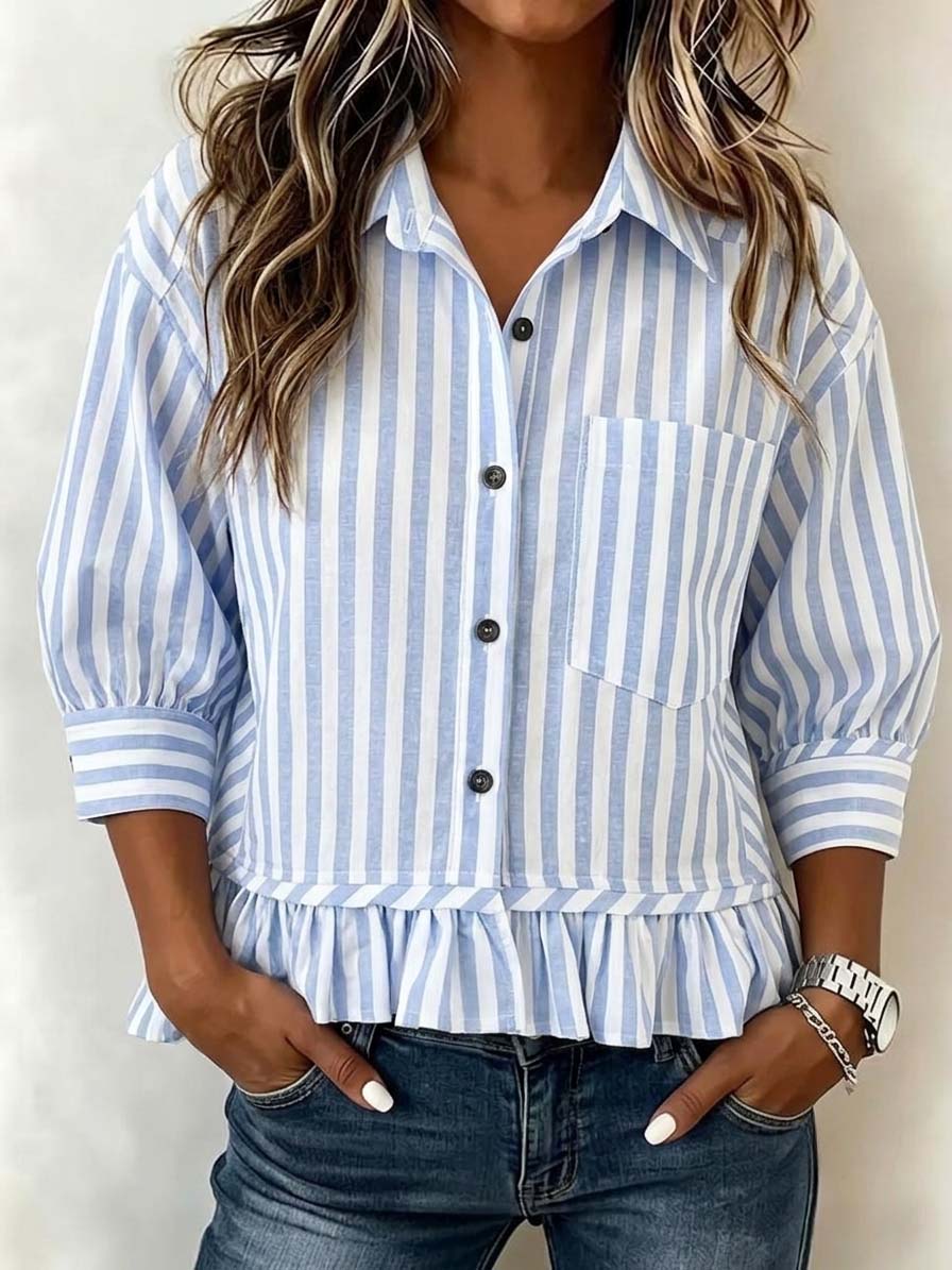 Women’s Casual Striped Button-Up Blouse Loose Fit 3/4 Sleeve Ruffled Hem Shirt