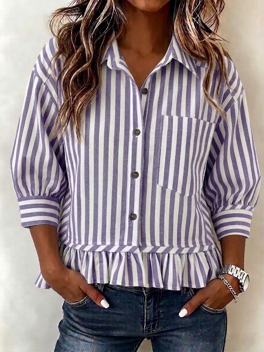 Women’s Casual Striped Button-Up Blouse Loose Fit 3/4 Sleeve Ruffled Hem Shirt