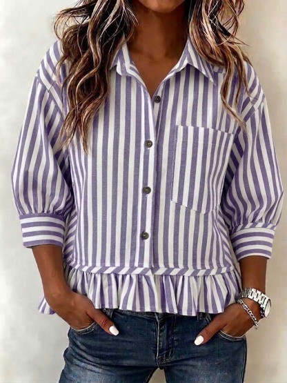 Women’s Casual Striped Button-Up Blouse Loose Fit 3/4 Sleeve Ruffled Hem Shirt