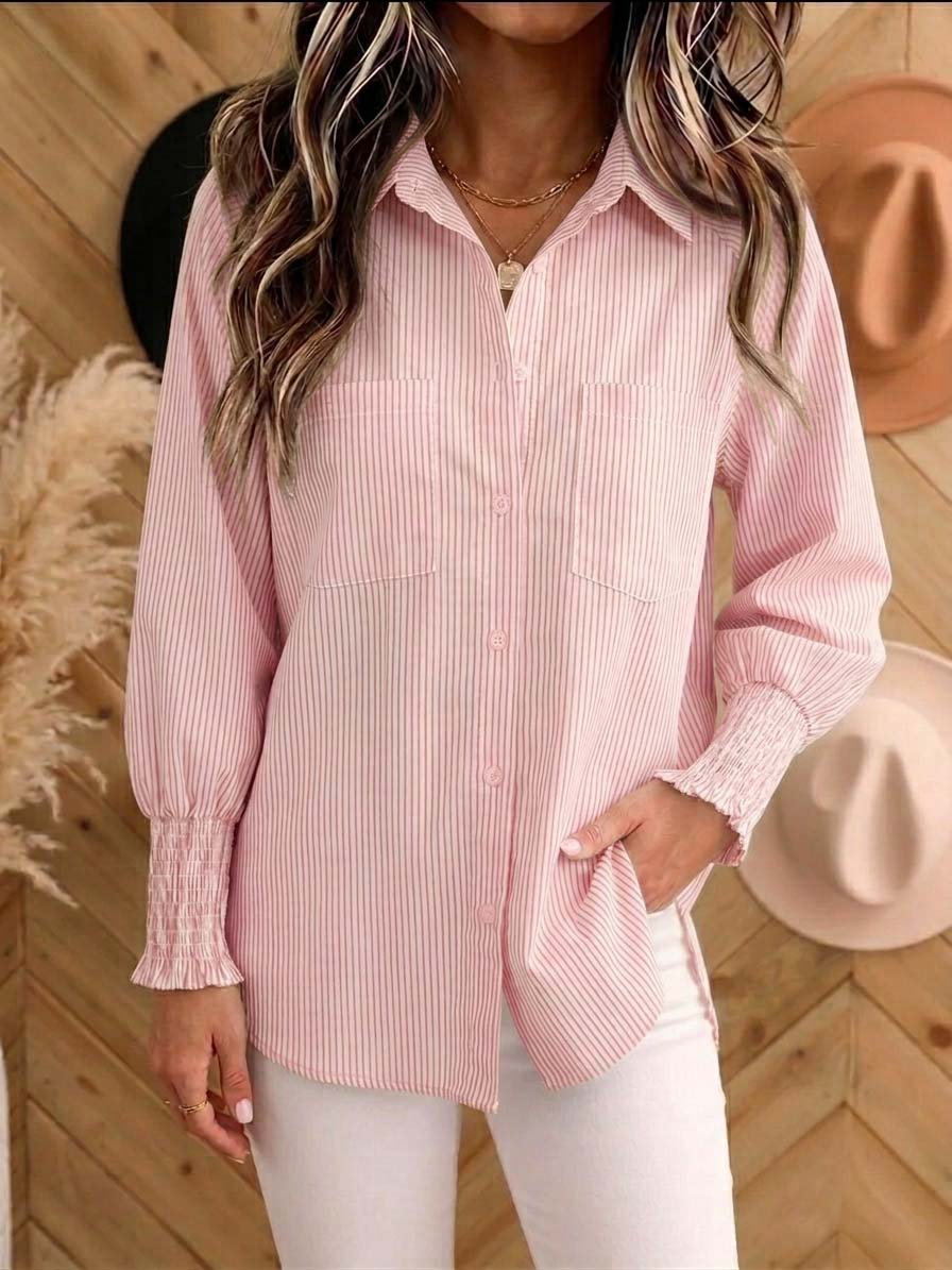 Women's Vertical Striped Button Down Shirt - Long Sleeve Collared Blouse with Smocked Cuffs, Casual Loose Fit Top