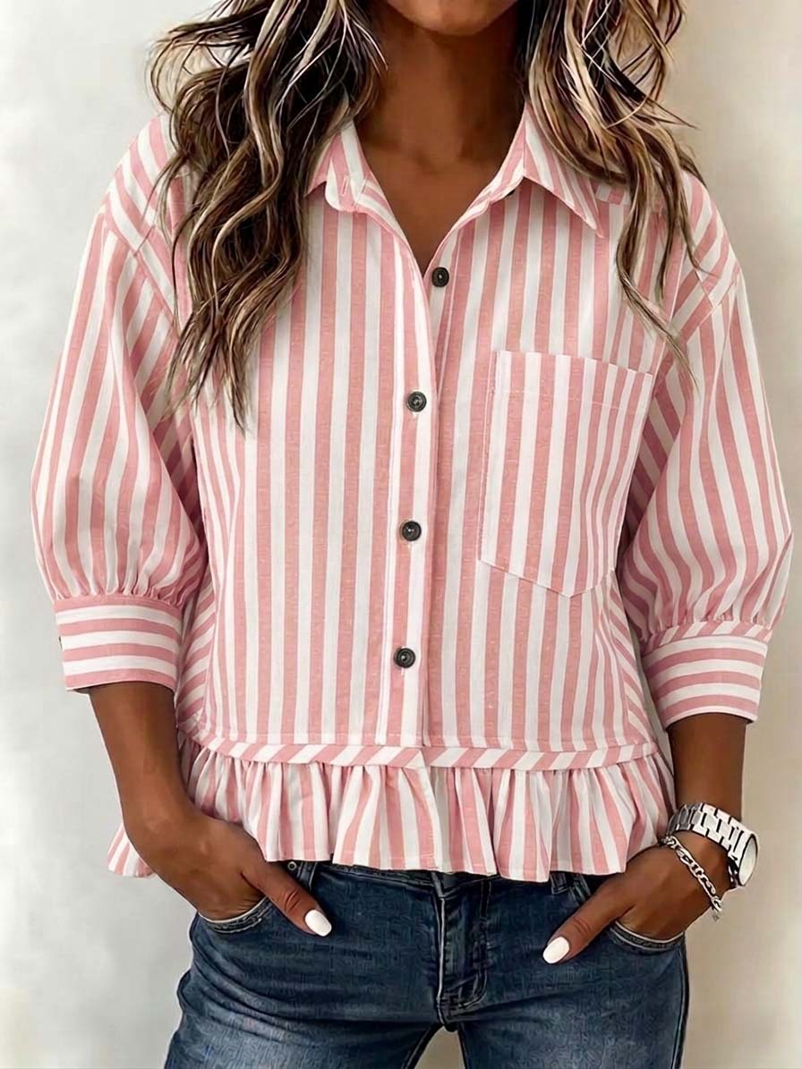 Women’s Casual Striped Button-Up Blouse Loose Fit 3/4 Sleeve Ruffled Hem Shirt