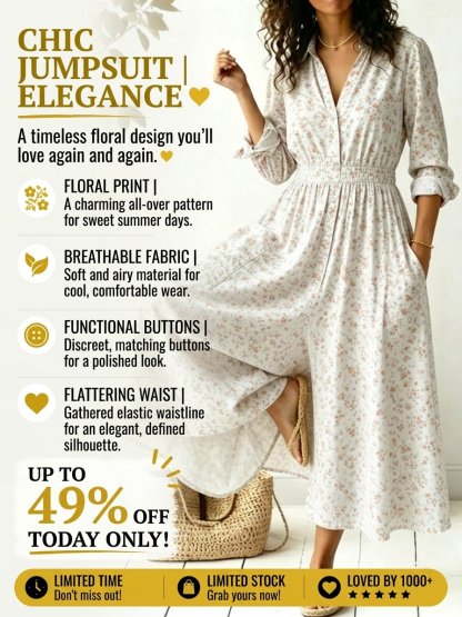 Women's Boho Floral Wide Leg Jumpsuit Casual V Neck Button Down Long Jumpsuits with Pockets