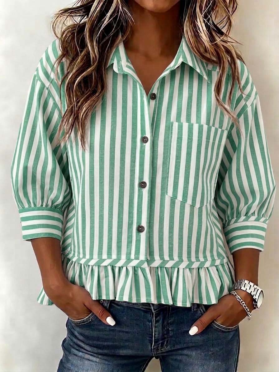 Women’s Casual Striped Button-Up Blouse Loose Fit 3/4 Sleeve Ruffled Hem Shirt