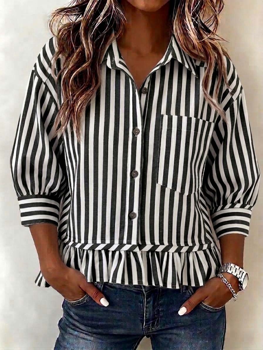 Women’s Casual Striped Button-Up Blouse Loose Fit 3/4 Sleeve Ruffled Hem Shirt