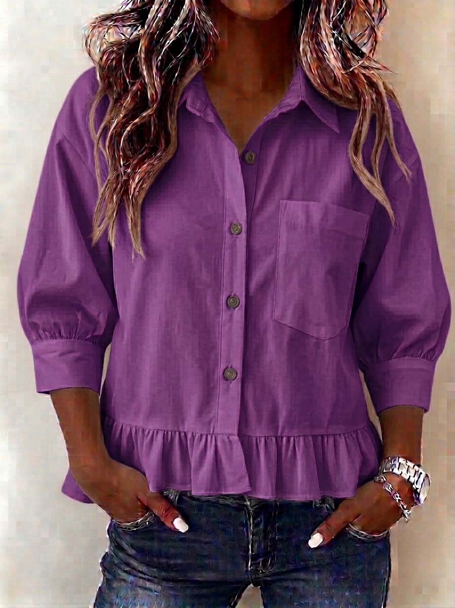 New Arrival🔥Women’s Casual V-Neck Button-Up Loose Fit 3/4 Sleeve Ruffled Hem shirt