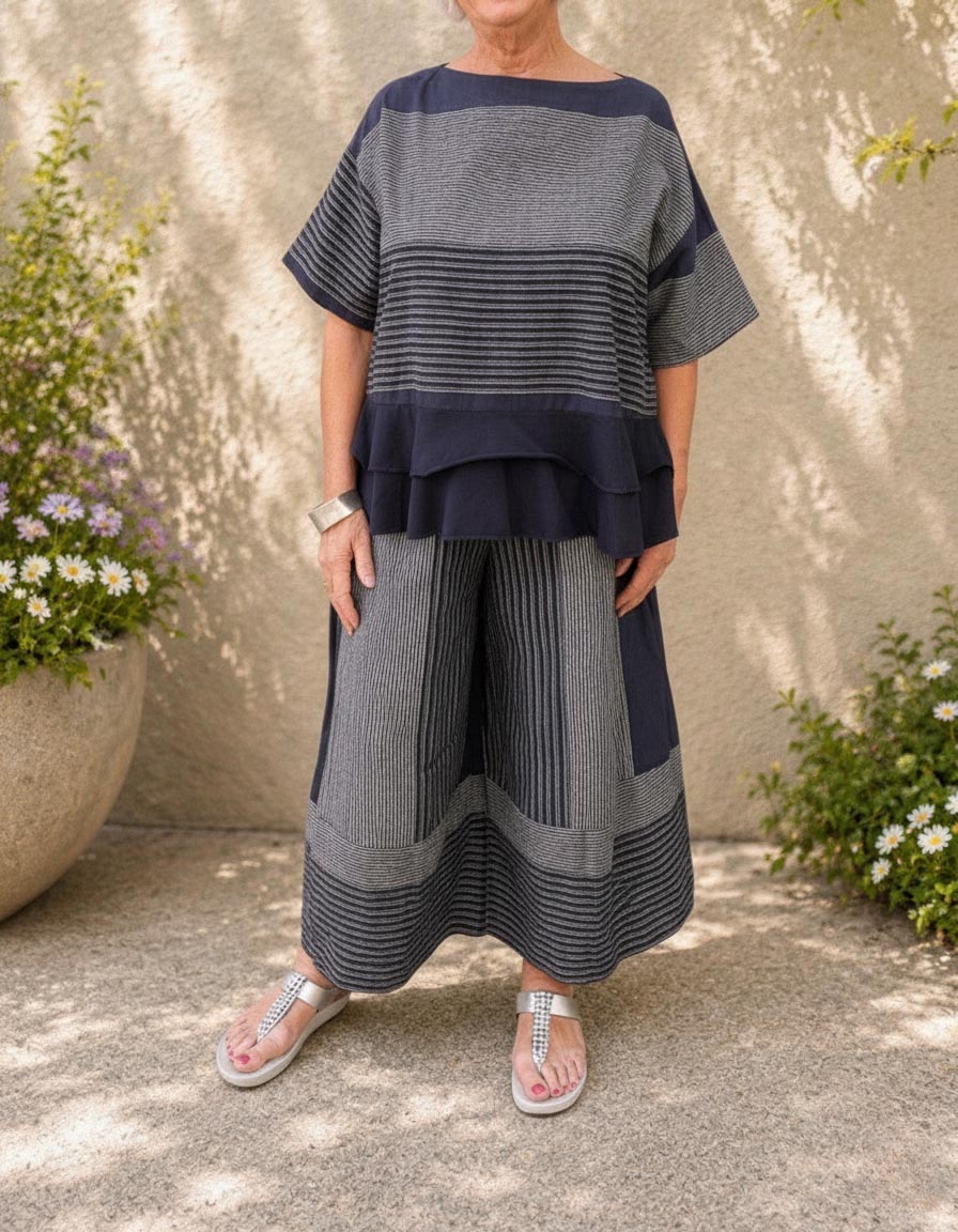 Women's Loose Casual Striped Two-Piece Set with Tiered Hem Top & Wide-Leg Pants
