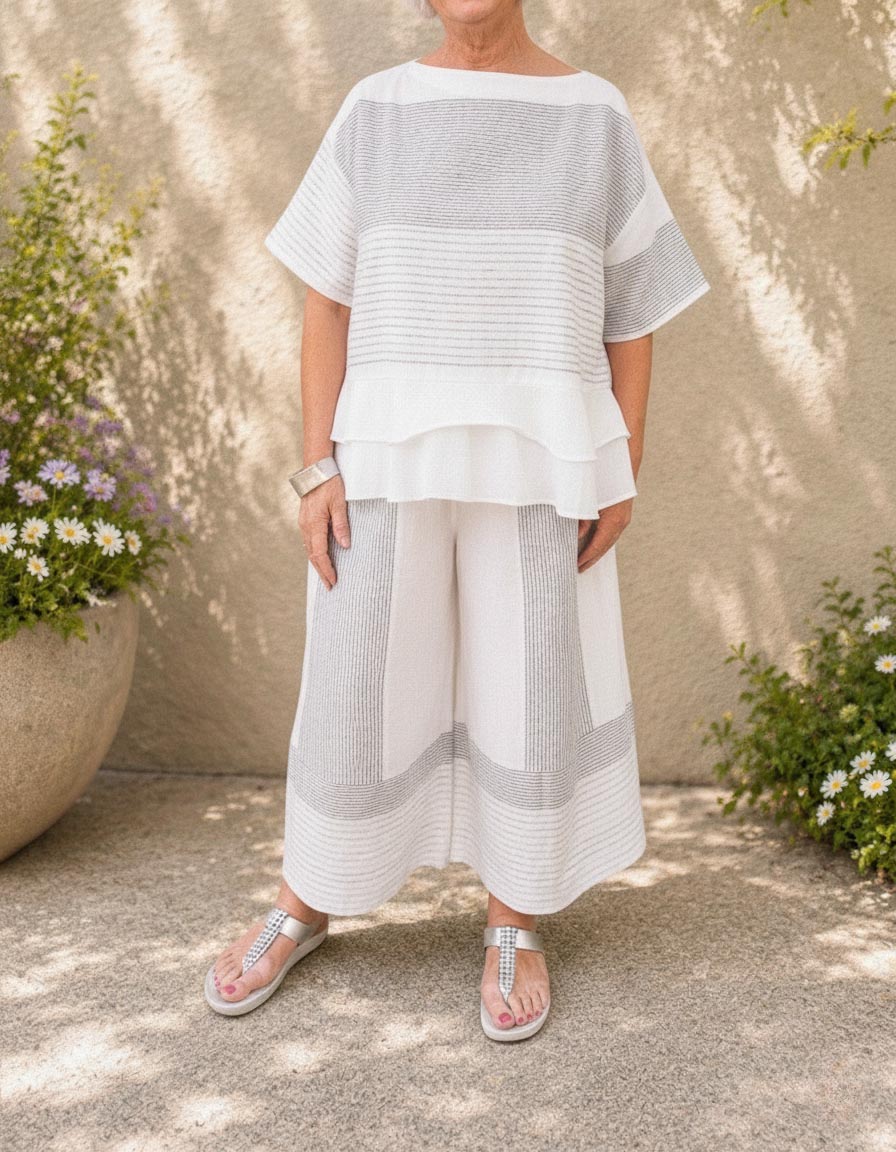 Women's Loose Casual Striped Two-Piece Set with Tiered Hem Top & Wide-Leg Pants