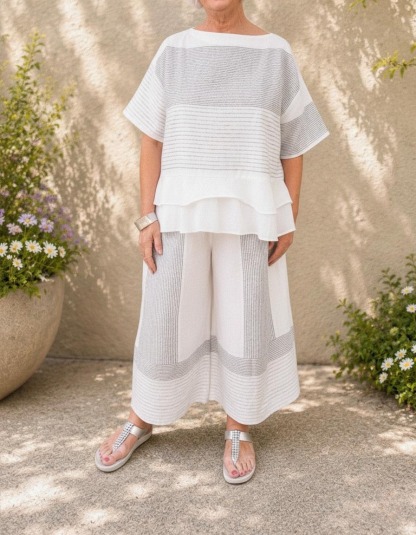Women's Loose Casual Striped Two-Piece Set with Tiered Hem Top & Wide-Leg Pants