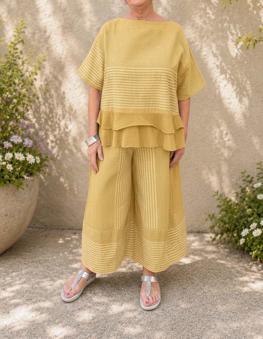 Women's Loose Casual Striped Two-Piece Set with Tiered Hem Top & Wide-Leg Pants