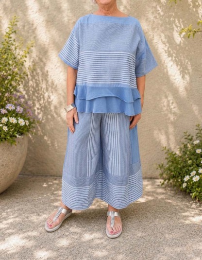 Women's Loose Casual Striped Two-Piece Set with Tiered Hem Top & Wide-Leg Pants