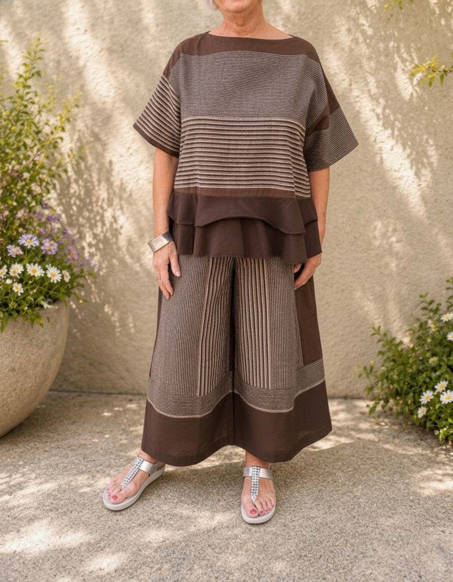 Women's Loose Casual Striped Two-Piece Set with Tiered Hem Top & Wide-Leg Pants