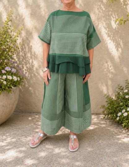 Women's Loose Casual Striped Two-Piece Set with Tiered Hem Top & Wide-Leg Pants