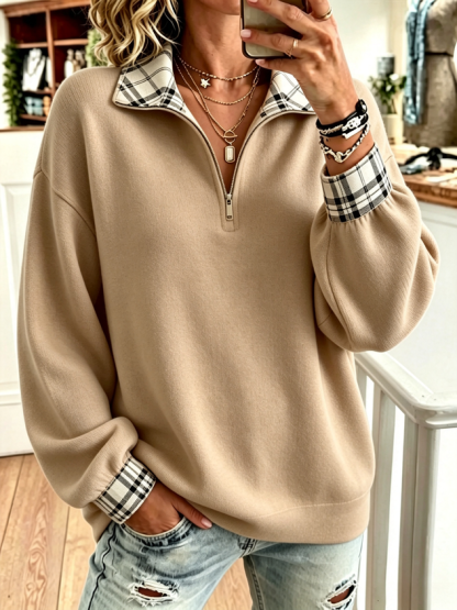 New Arrivals🔥Women Plaid Trim Quarter Zip Casual Long Sleeve Sweatshirt