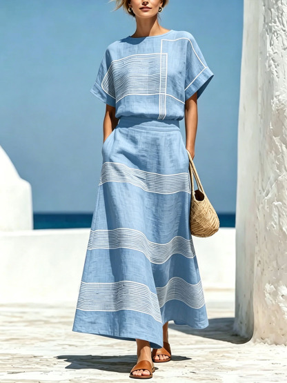 Women's Geometric Print Crew Neck Short-Sleeve Cotton-Linen Top & High-Waisted Loose-Fit A-Line Skirt Set
