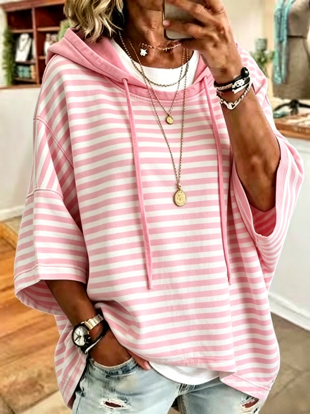 Women Striped Half Sleeve Casual Daily Hoodie