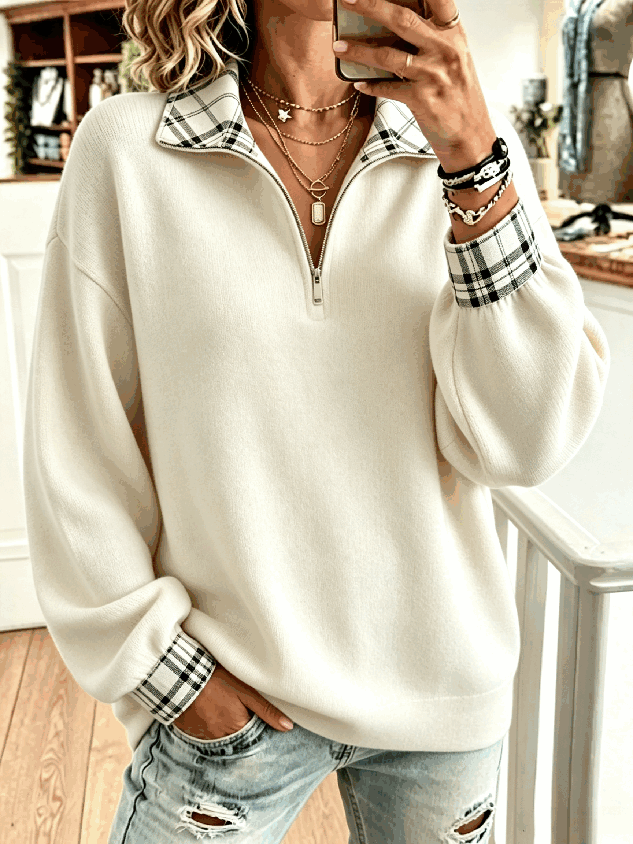 New Arrivals🔥Women Plaid Trim Quarter Zip Casual Long Sleeve Sweatshirt