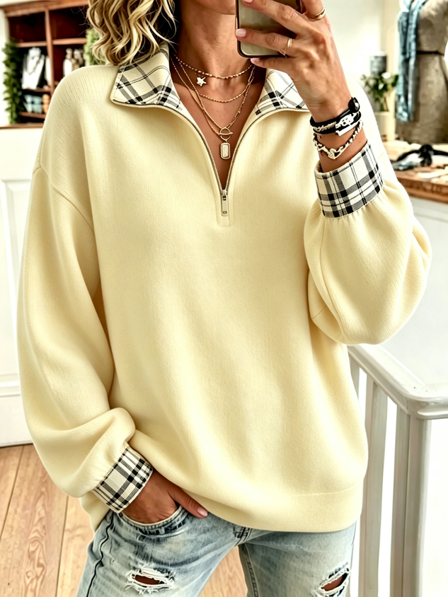 New Arrivals🔥Women Plaid Trim Quarter Zip Casual Long Sleeve Sweatshirt