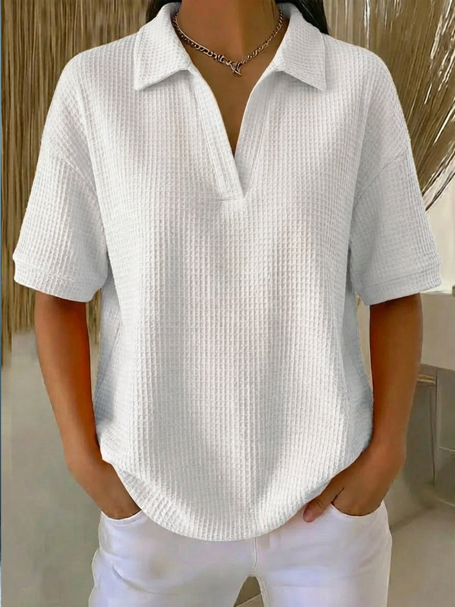 Casual Waffle-knit Short-sleeved Cotton Top