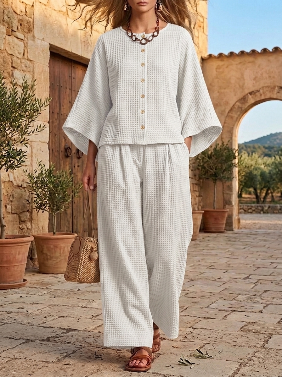 ⏰LAST DAY SAVE 49%💥 Women's Casual Button Outfits Waffle 2 Piece Sets