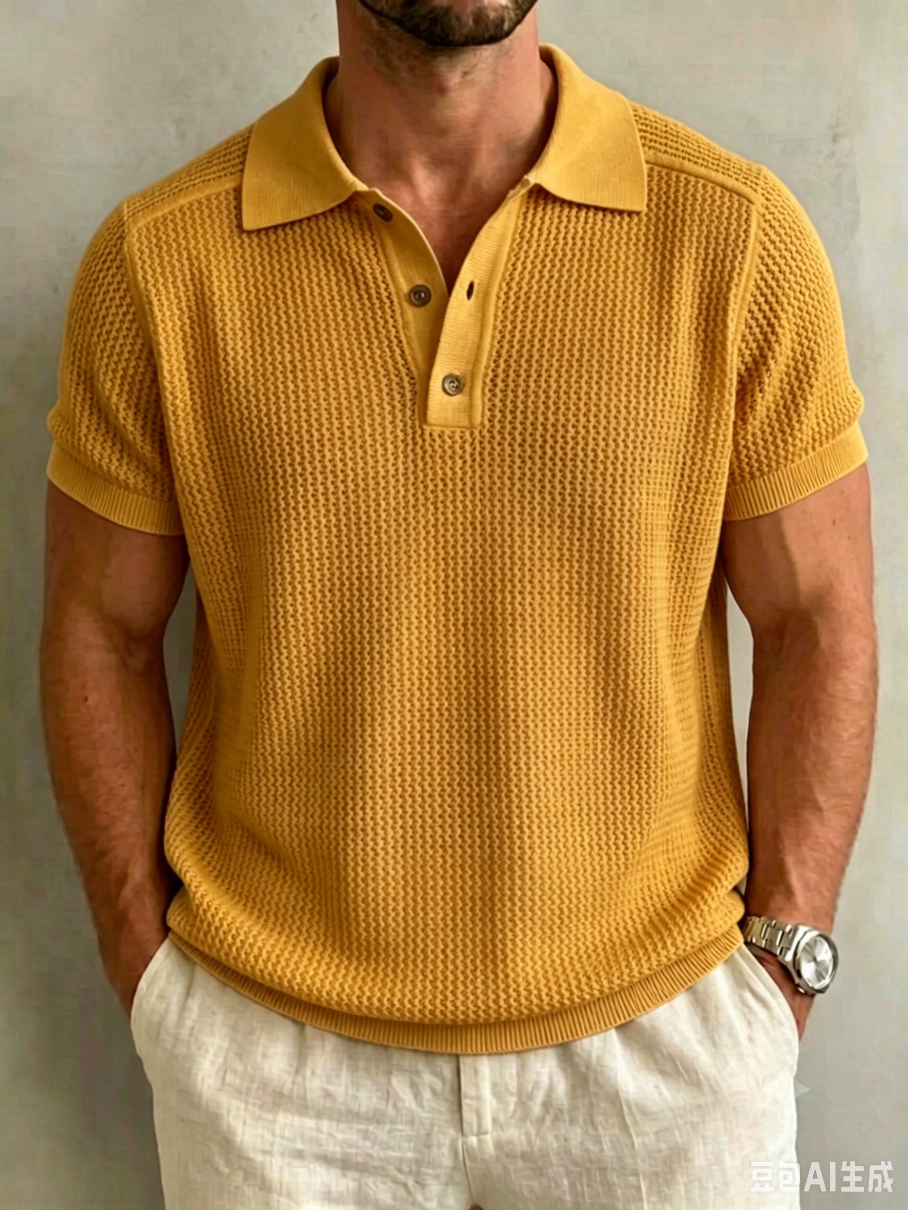 Men’s Openwork Knit Button-Down Set-in Sleeve Polo Shirt