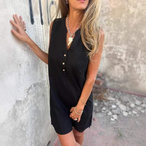 Women's Cotton and Linen Button Design V-neck Sleeveless Dress