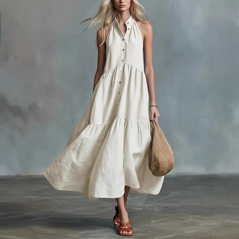 Women’s Sleeveless Tiered Linen-Blend Maxi Dress
