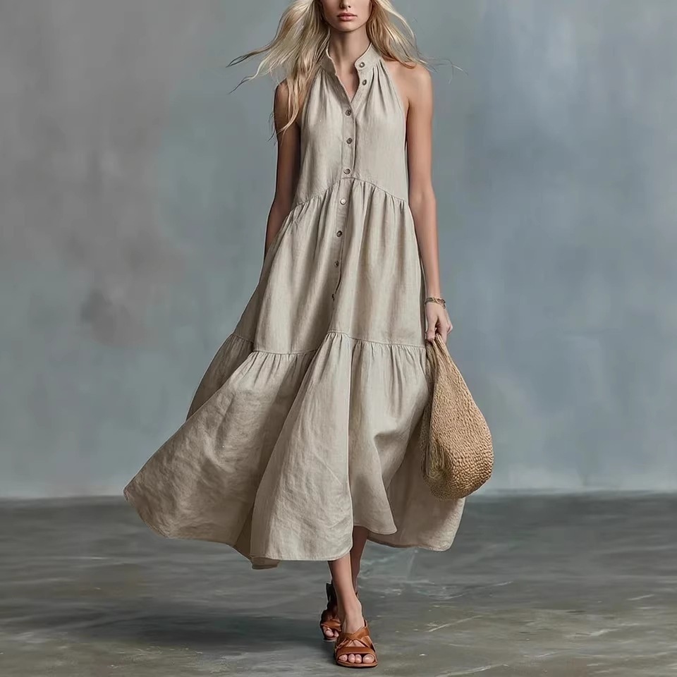 Women’s Sleeveless Tiered Linen-Blend Maxi Dress