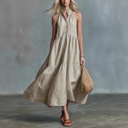 Women’s Sleeveless Tiered Linen-Blend Maxi Dress