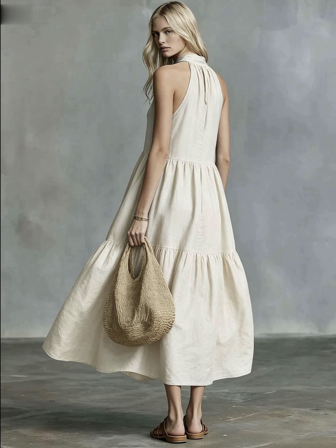 Women’s Sleeveless Tiered Linen-Blend Maxi Dress