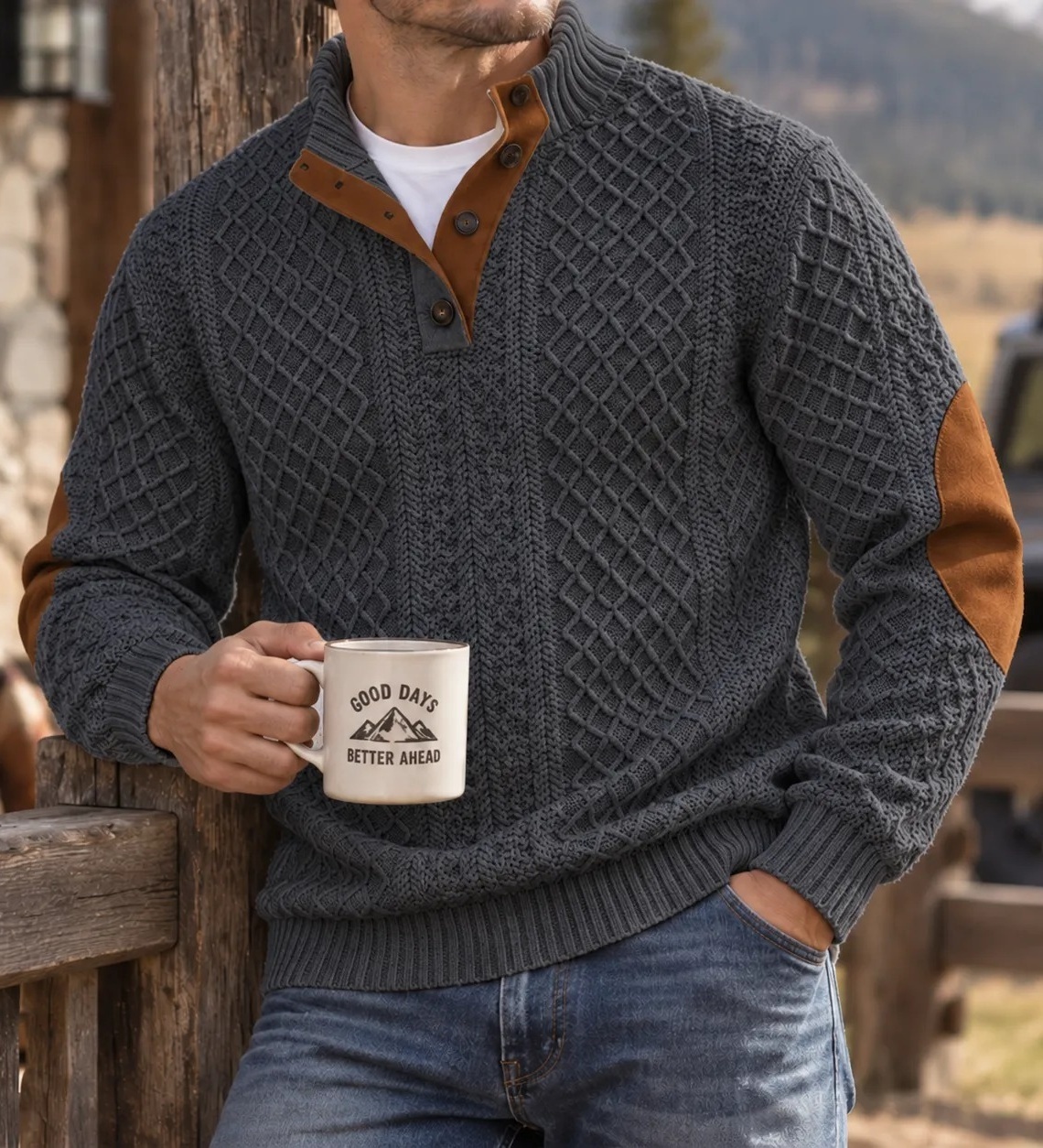 MIVANITY Highland Heritage Knit Henley Sweater Rugged Outdoor Style With Timeless Comfort