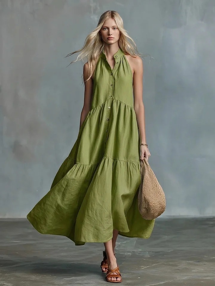 Women’s Sleeveless Tiered Linen-Blend Maxi Dress