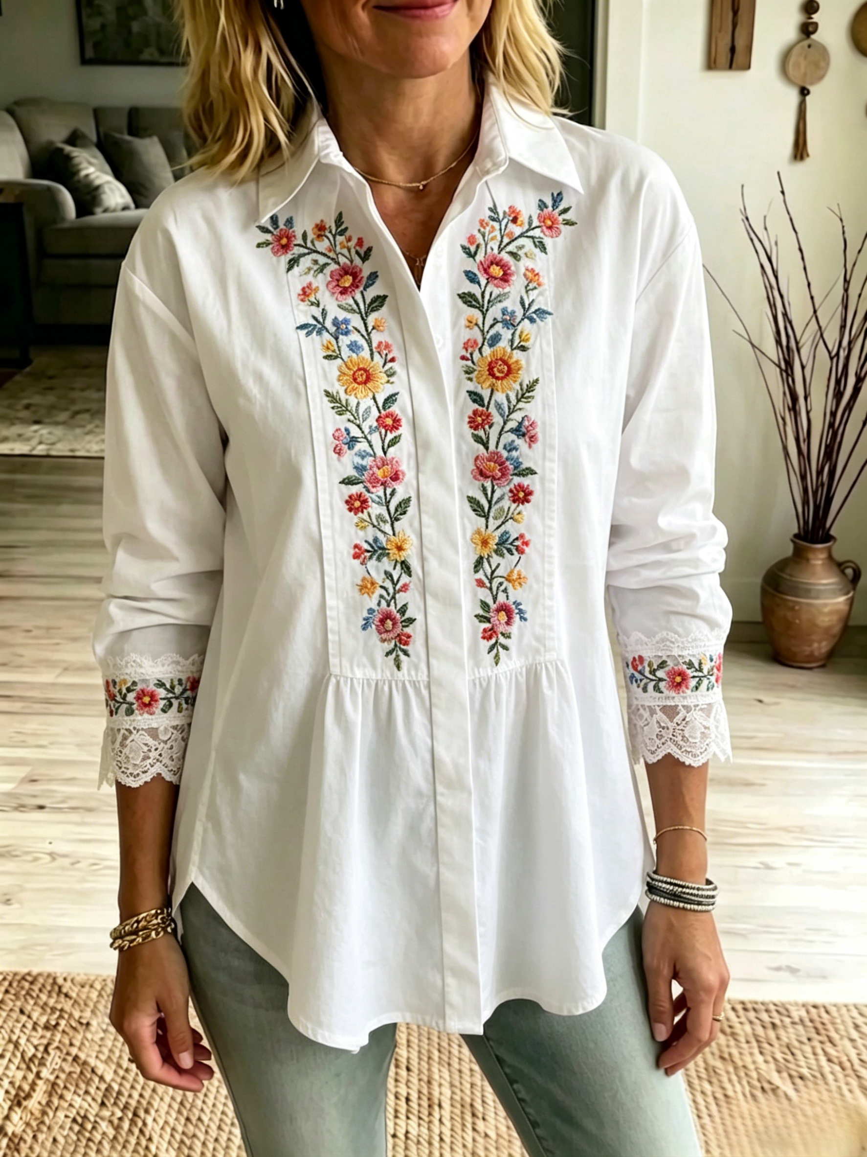 [Copy]Women’s Floral Embroidered Ruffle-Sleeve Blouse