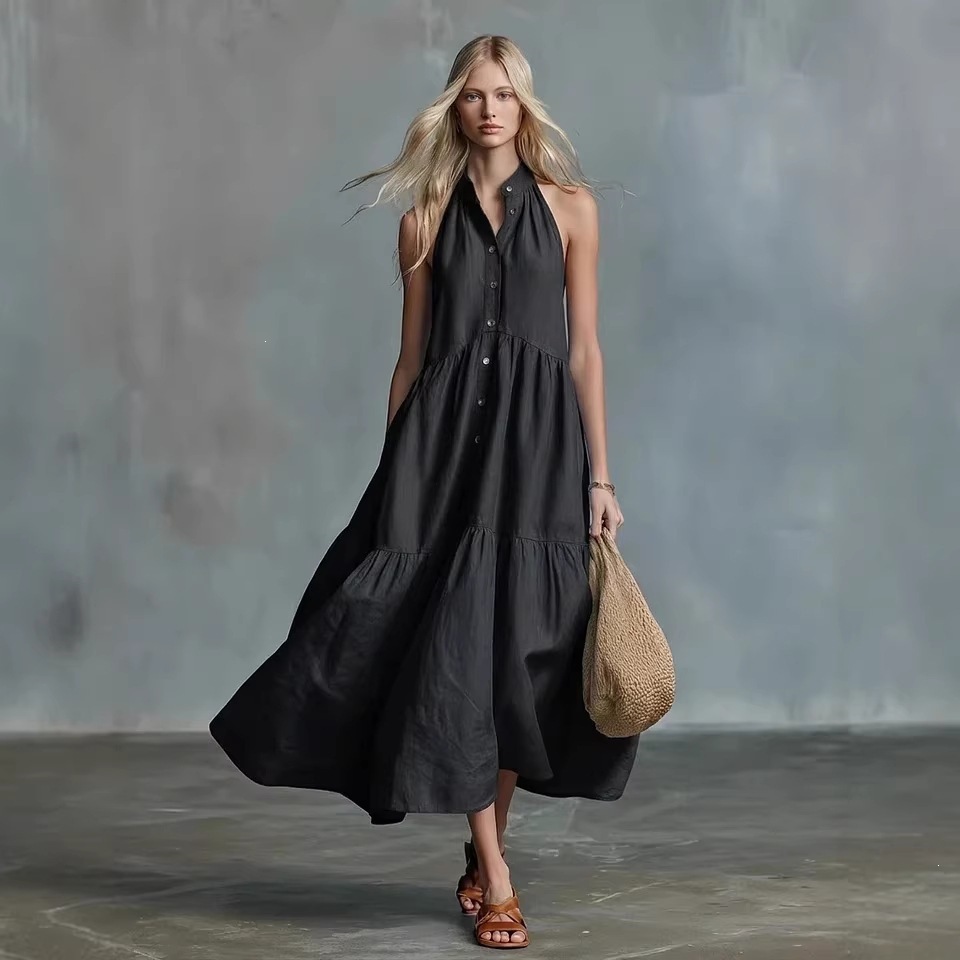 Women’s Sleeveless Tiered Linen-Blend Maxi Dress