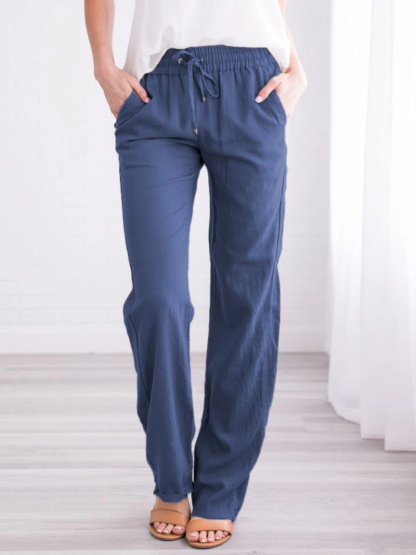 BDNXTV Casual Pants for Women, Women Drawstring Slim Fit Pant Pockets Lightweight Breathable Solid Color Summer Trousers