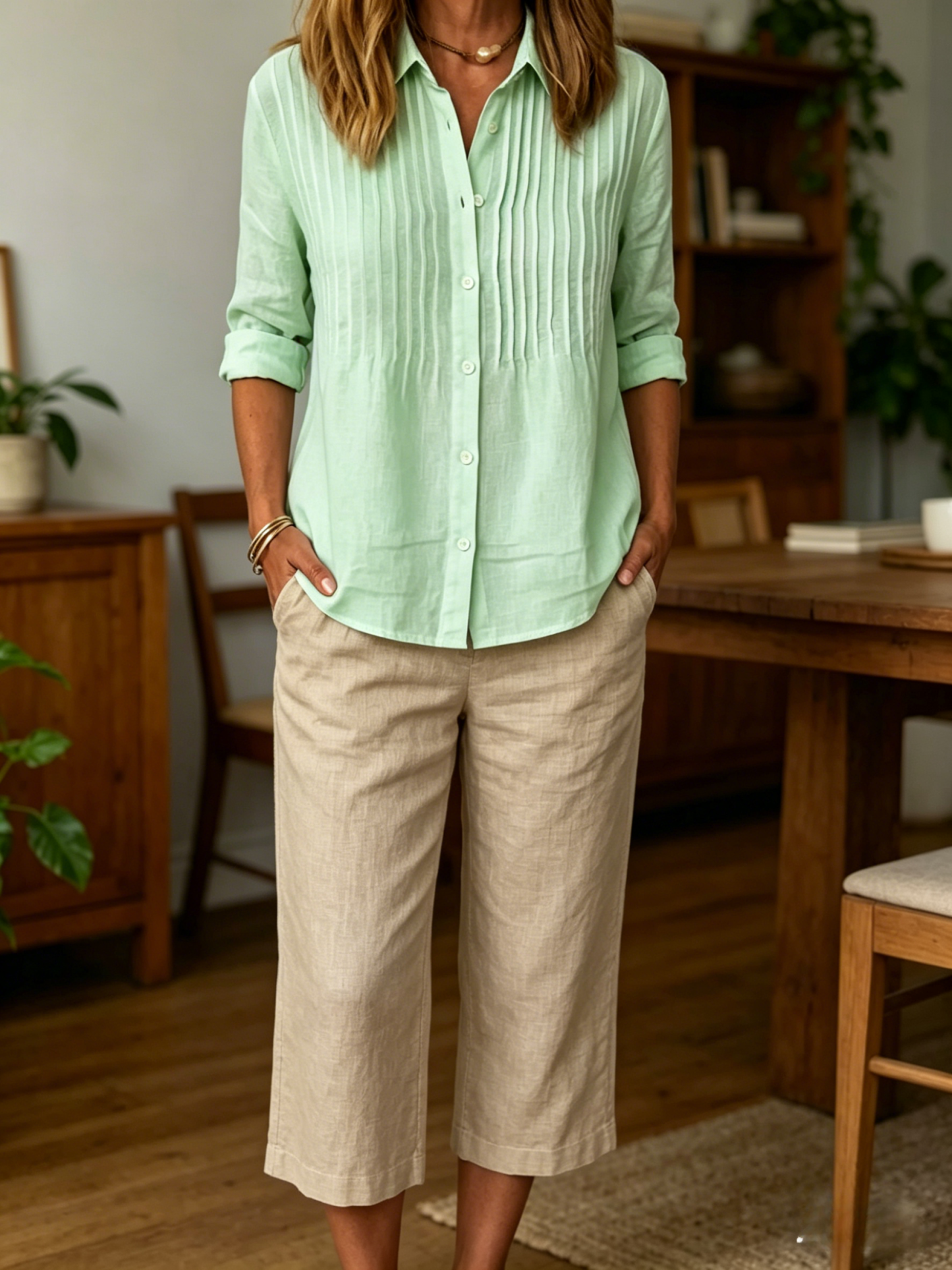 Women's Solid-color Casual Pleated Cotton-linen Shirt