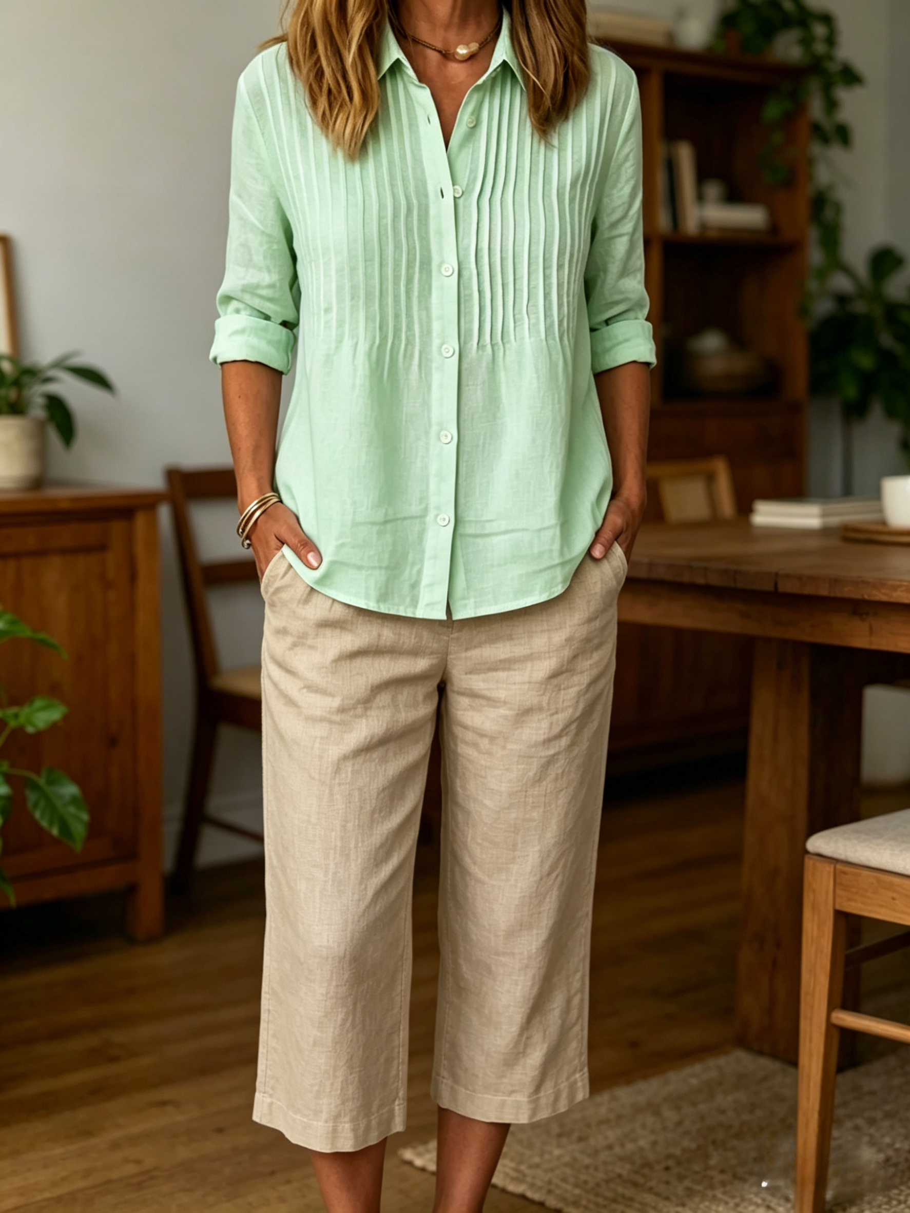 Women's Solid-color Casual Pleated Cotton-linen Shirt
