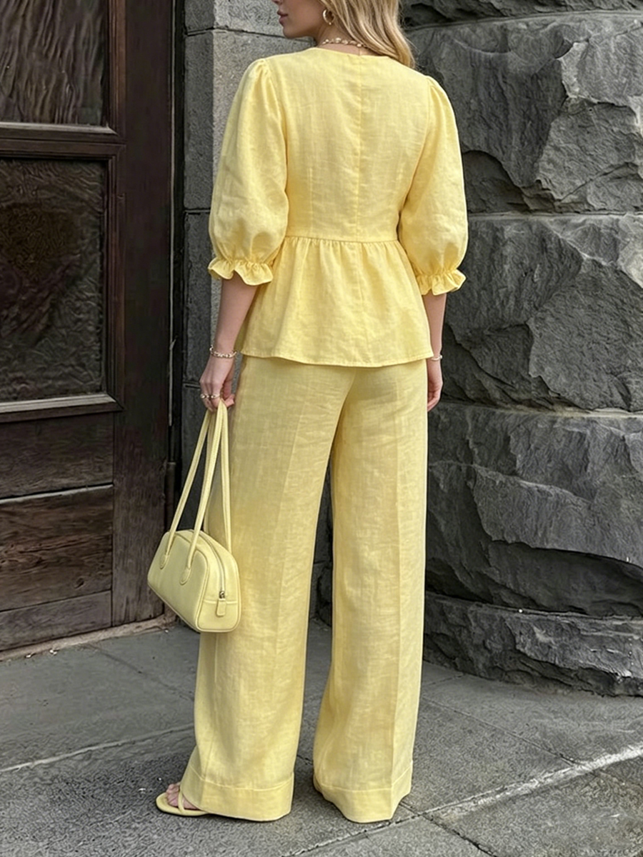 Women’s Pure Linen Lace-Up Top & Wide Leg Pants Set
