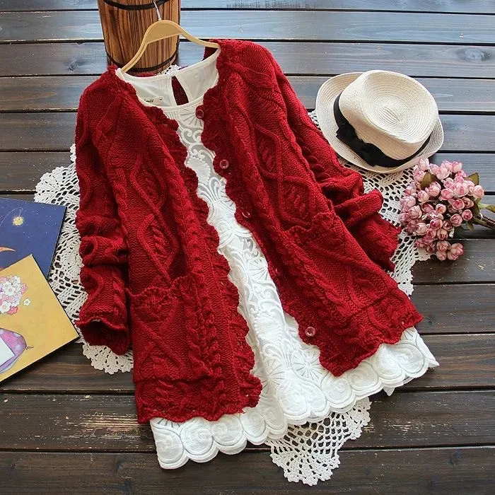 Vintage Jacquard Weave Pocket Button Comfy Sweater