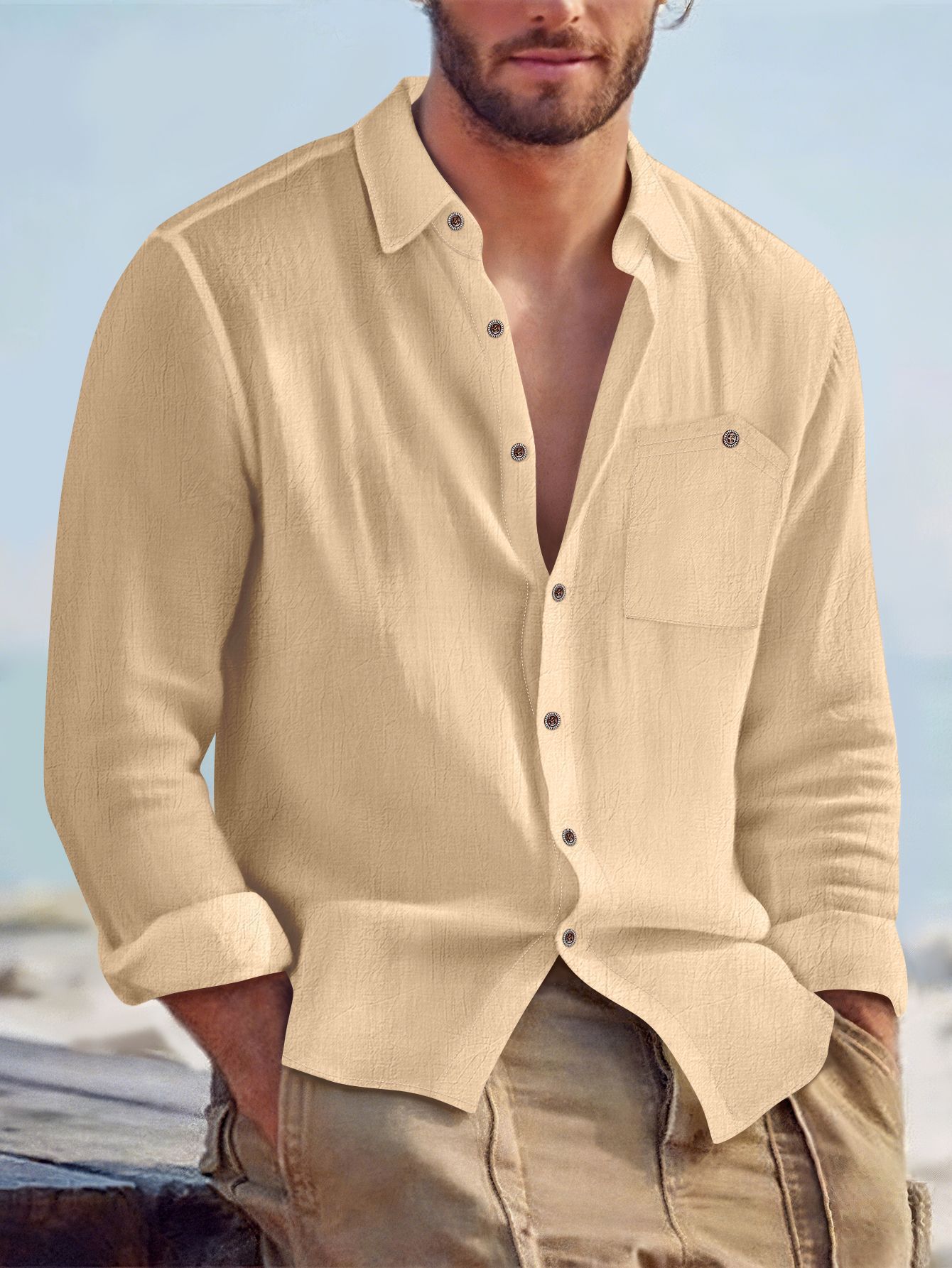 Men’s Summer Linen-Blend Button-Down Shirt