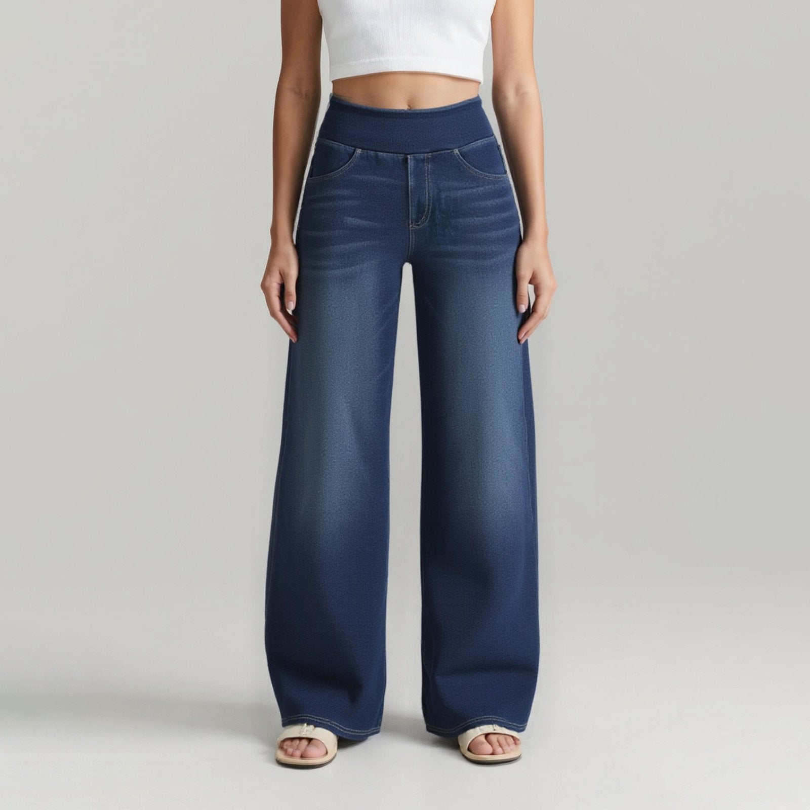 💥Discount Sale 55% Off🔥Women's High-Waisted Washed Baggy Wide-Leg Stretchy Knit Jeans with Multiple Pockets