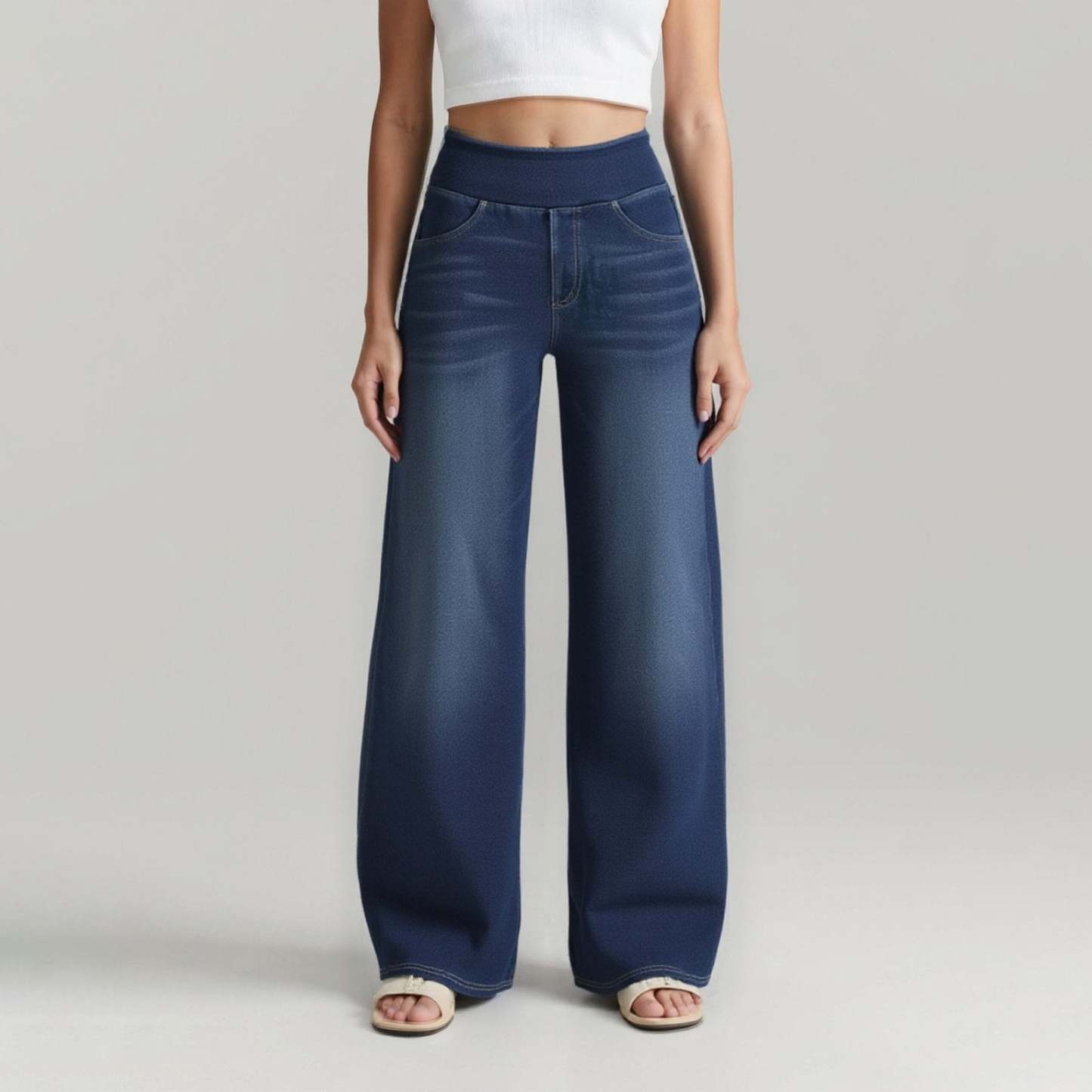 💥Discount Sale 55% Off🔥Women's High-Waisted Washed Baggy Wide-Leg Stretchy Knit Jeans with Multiple Pockets