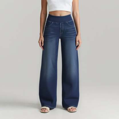 💥Discount Sale 55% Off🔥Women's High-Waisted Washed Baggy Wide-Leg Stretchy Knit Jeans with Multiple Pockets