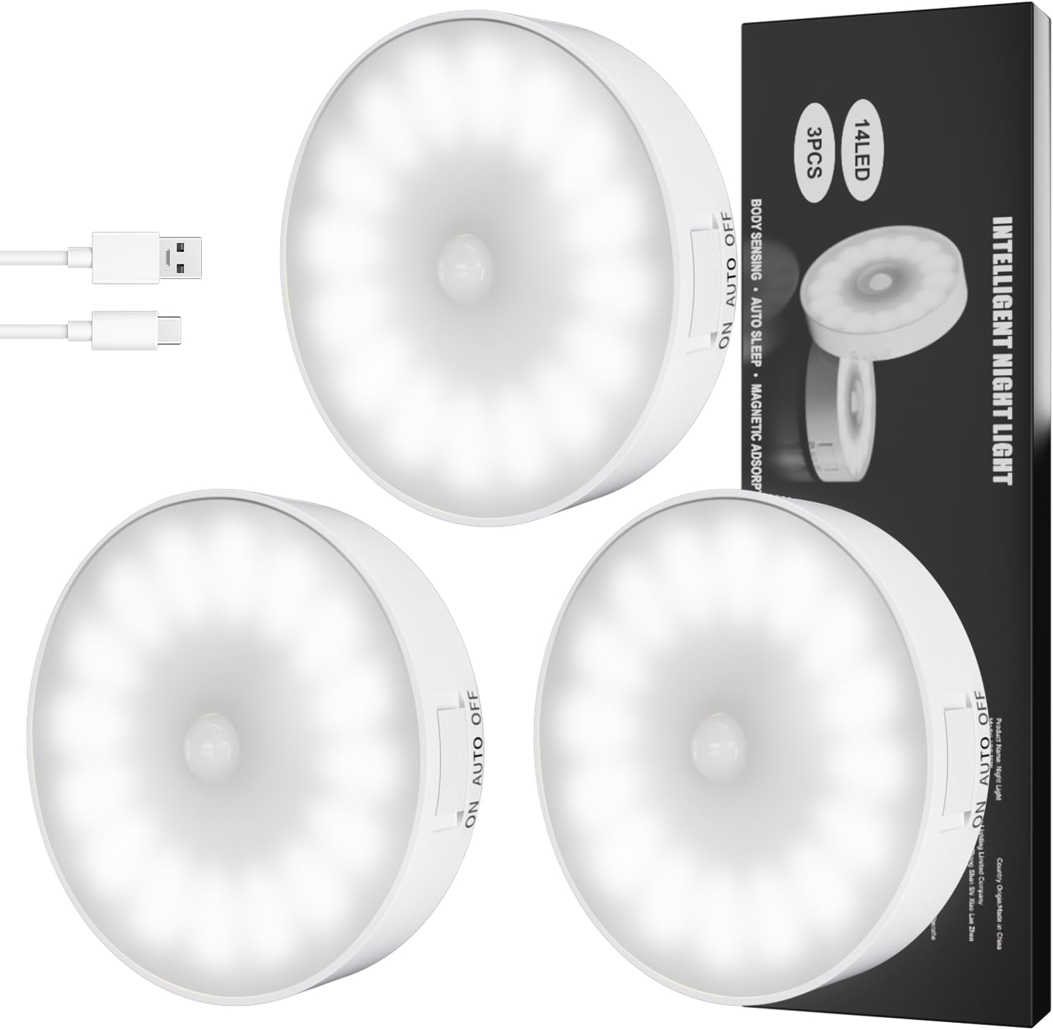 Motion Sensor Light Indoor, Upgraded 14 LEDs Night Light USB Rechargeable