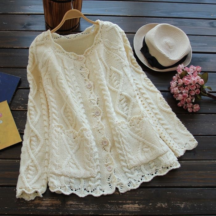 Vintage Jacquard Weave Pocket Button Comfy Sweater