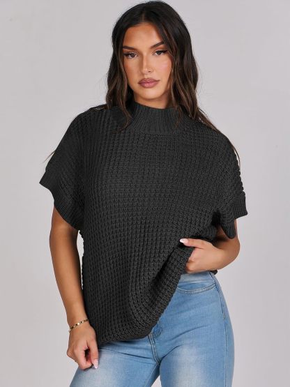 Womens Oversized Short Batwing Sleeve Sweater Mock Neck Casual 2024 Fall Knit Sleeveless Pullover Vest Tops