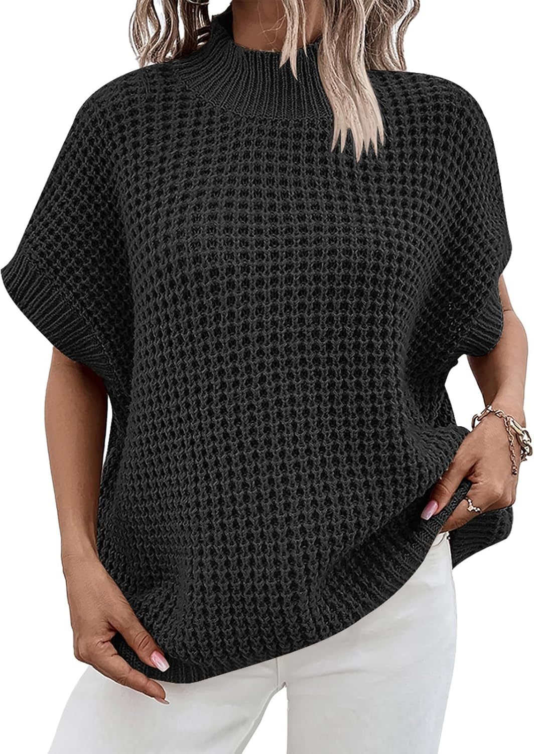 Womens Oversized Short Batwing Sleeve Sweater Mock Neck Casual 2024 Fall Knit Sleeveless Pullover Vest Tops