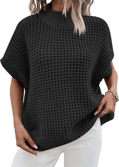Womens Oversized Short Batwing Sleeve Sweater Mock Neck Casual 2024 Fall Knit Sleeveless Pullover Vest Tops
